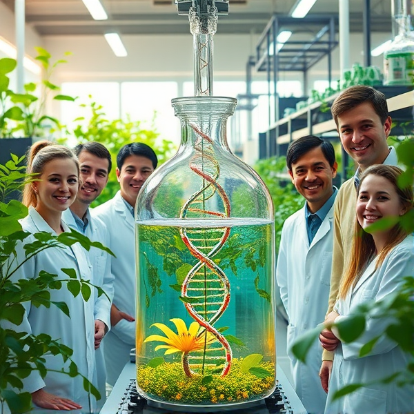 A vibrant laboratory bustling with life, where synthetic biology flourishes: scientists with beaming smiles gather around a large, iridescent bioreactor where new life is being engineered; visible DNA helixes interweaving with botanical and mechanical elements signify the fusion of nature and technology. The background is filled with lush green plants growing in harmony with advanced biotech equipment, under a soft, warm glow that suggests an early morning light. Everything rendered in hyper-realistic style to capture textures like the glisten of glassware and the subtle expressions of joy on the scientists' faces. The camera angle is from eye-level, allowing an immersive view into this groundbreaking moment of creation and happiness.