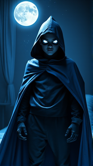 A little 12-year old boy hero named Connor Bardley, but transformed into a mysterious blackened and shadowy figure with superpowers, powerful magic, and ghostly abilities wreathed and concealed in a big blue hooded cape draped around his obscured body, calling himself The Phantom, a mysterious superhero devoted to defending the mortal world from all manner of supernatural evil, and is the most powerful ghost hunter on the planet. His face is magically kept hidden in the shadows, with the only thing visible being a pair of glowing, eerie white eyes, and no matter how much light shines on him, his features always stay shrouded in the darkness of his cape, and his hood stays magically adhered on his head and cannot be removed by anyone or anything, which helps protect his true identity in this form. The young heroic cloaked figure is seen standing in his bedroom at night, his transformation complete, and is now ready for action.