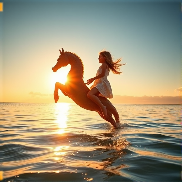 a girl jumping a seahorse