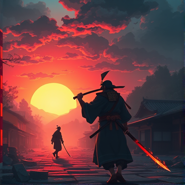the samurai locates his enemy samurai and begins to follow him through the japanese village and the samurai has a flaming sword at sunrise in a japanese villlage