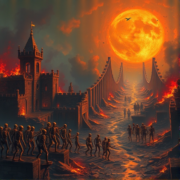 The fall of humanity, the world lays in ruins with buildings destroyed and lands on fire as skeletons line the world