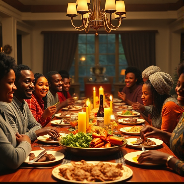 repas chaleureux d'une grande famille afro-américaine réunie autour d'une table festive, sourires et complicité, cuisine traditionnelle, intérieur accueillant