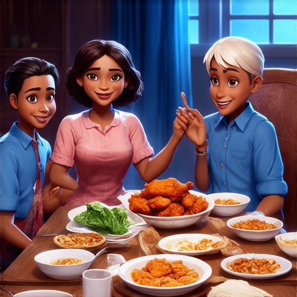 Repas de famille afro-américaine traditionnel, plusieurs générations réunies autour d'une grande table en bois rustique, débordante de plats faits maison typiques comme le poulet frit, les greens collards et la tarte de patate douce, ambiance chaleureuse avec des rires et des conversations animées, éclairage doux accentuant l'atmosphère conviviale