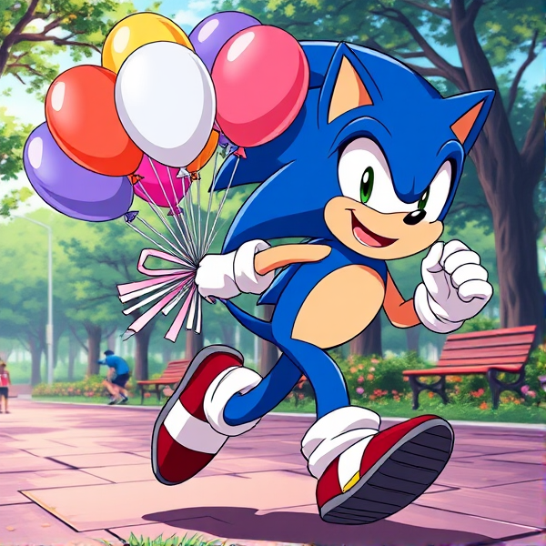 Sonic the Hedgehog in dynamic running pose, clutching a vibrant bouquet of assorted 16-inch balloons, set against the backdrop of a lively park scene, rendered in vivid anime style