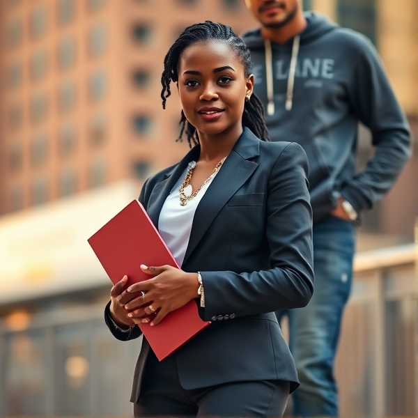 young African woman dressed in a stylish business suit, confidently holding a binder in her hands against an urban backdrop with a man behind her with jean and sweat shirt