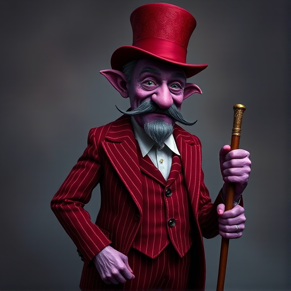 A dreamy elder man figure with purple skin, a dark squiggly mustache, long pointy skinny nose, and a striped red velvet suit with a cane and a a top hat to match his suit and he’s tall and skinny. Pointy red dress boots