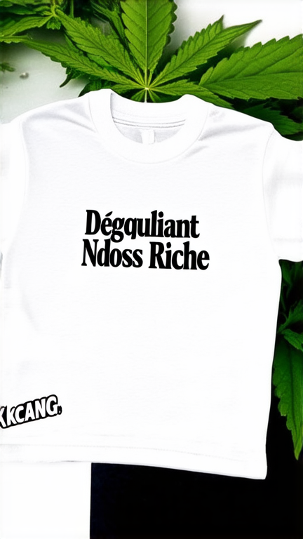 Un t-shirt blanc avec marquer dessus en Dégoulinant (Ndoss Riche) et avec des feuilles de cannabis et en miniature les initiales Getbackgang