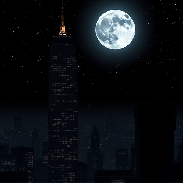 Gratte-ciel majestueux se découpant nettement sur un ciel nocturne d'un noir profond, avec des silhouettes sombres et menaçantes se dessinant dans les éclairages sporadiques des fenêtres, une pleine lune argentée brillante suspendue haut au milieu d'une myriade d'étoiles scintillantes, un loup solitaire au pelage ébouriffé et aux yeux perçants posé fièrement sur une corniche élevée surplombant la métropole endormie, créatures surnaturelles aux iris dorés luisants tapis dans les recoins obscurs de la ville.