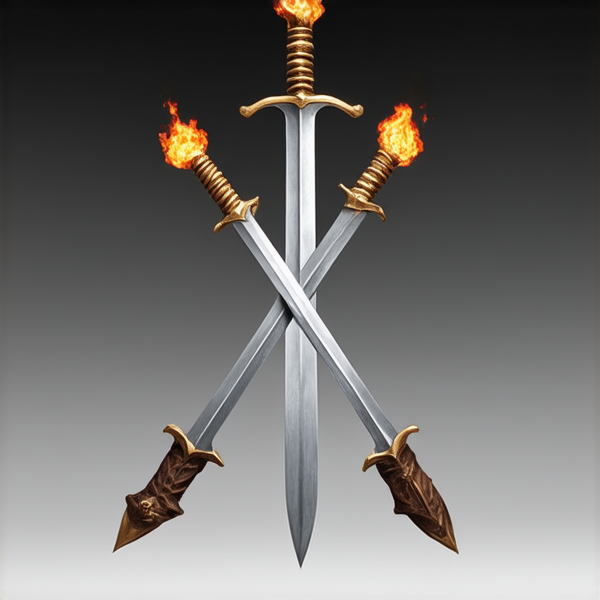 Trois épées croisées en leur centre. L'épée du milieu représentant l'élément du feu est placée verticalement. L'épée représentant l'element de la terre de manière féminine, elle est placée avec un angle 315 degrés par rapport à l'épée verticale représentant le feu. L'épée représentant l'élément du vent est placée 45 degrés par rapport à l'épée verticale représentant l'element du feu. Les épées sont de style médiéval européen et ont leur pommeau vers le haut. L'image doit être réaliste.