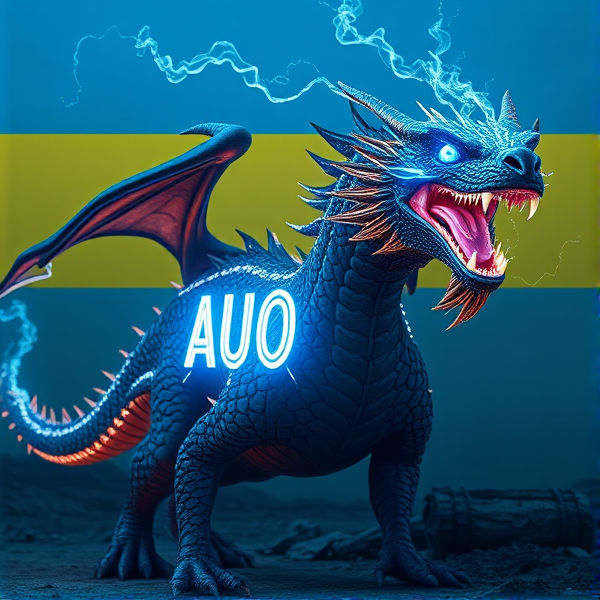 An intricately designed, streamlined dragon bearing the vivid acronym "AUO" on its chest in a radiant, blue electric luminous font that casts an electric glow, emanating waves of intense energy. The dragon's scales are a masterpiece of detailed circuit patterns that shimmer with a lifelike electrical pulse. From its nostrils, ethereal streams of digital smoke curl upwards, timed with the deep, resonant roars that showcase its electrified sharp fangs. As a respectful nod to tribute and unity, incorporate elements of the Ukrainian flag within the composition. This majestic creature resides in a desolate post-apocalyptic landscape that accentuates its powerful presence. In the background is the Ukrainian flag, a rectangle, with the top half blue and the bottom half yellow.