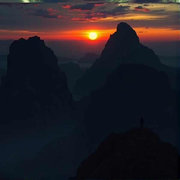 Dark fantasy, a big mountain overlooking a sunset