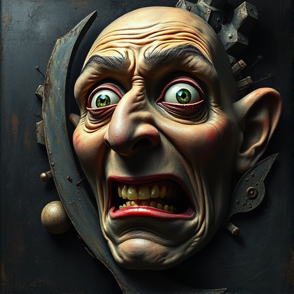 Un visage abstrait et distordu avec une grimace de surprise, incorporé dans des formes non objectives et surréalistes, palette de couleurs sombres et discordantes, textures complexes, éclairage dramatique venant d'en haut à gauche, détails hyper-réalistes, en gros plan pour capturer l'expression intense