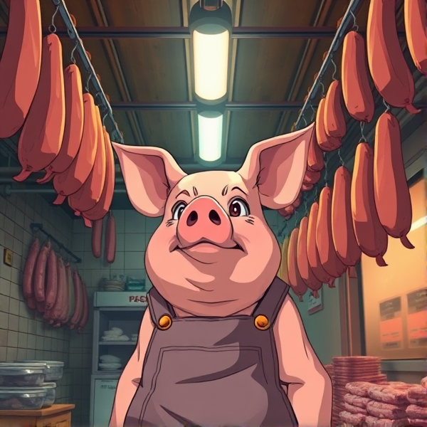 Un boucher cochon a la boucherie avec du saucisson suspendu au plafond