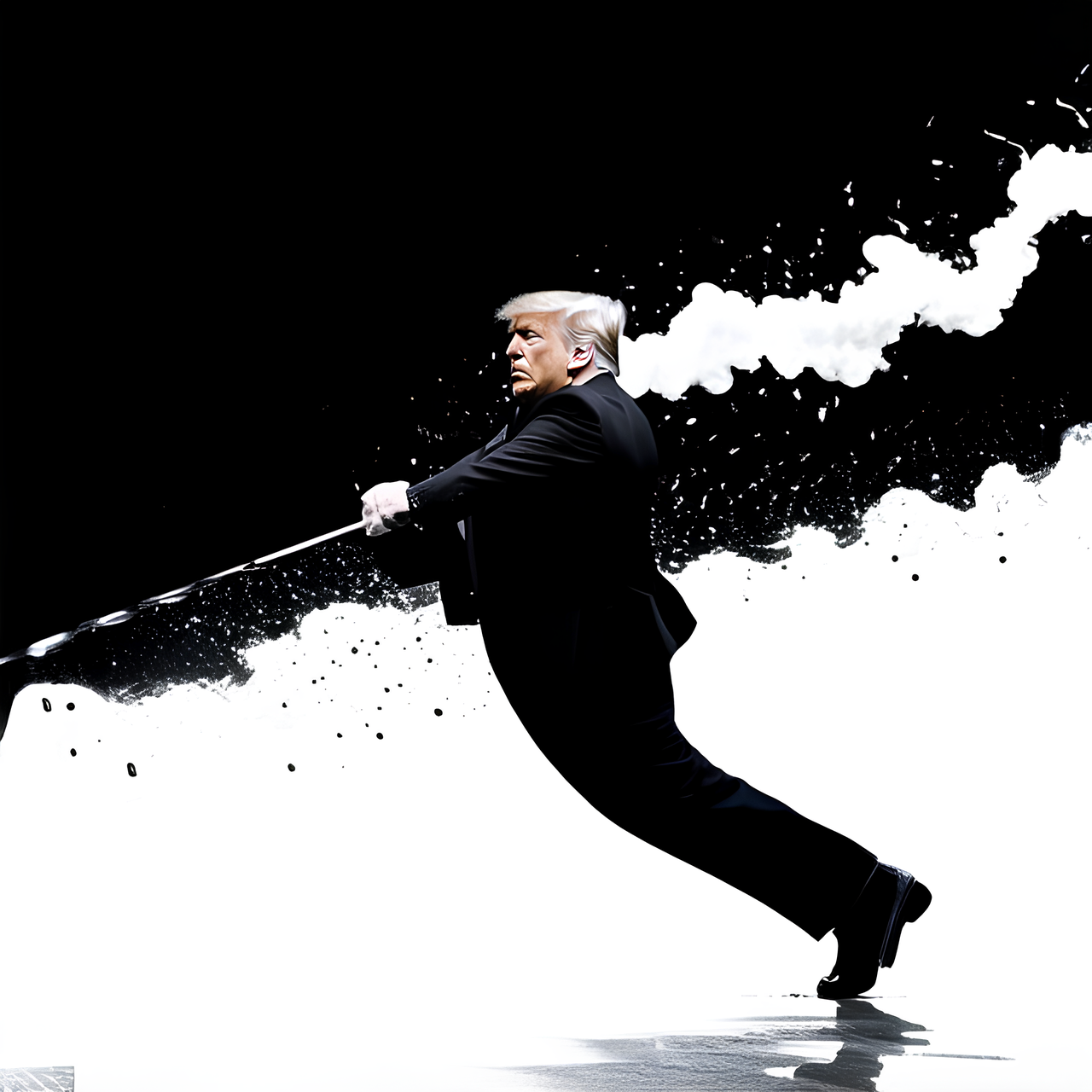 A photorealistic depiction of the iconic "The Matrix" bullet-dodging scene with a twist: former President Donald Trump's head is superimposed onto Neo's body as he executes the gravity-defying backbend. The bullets are in sharp focus, with a trail of light smoke to emphasize their trajectories, capturing the dynamic tension and action of the moment