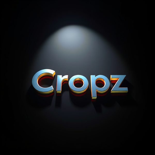 Highly detailed, high-contrast 3D logo with the text "Cropz" designed in a futuristic, bold, sans-serif font that seems to leap out from an inky black backdrop. The scene is dramatically illuminated by a circular beam of light creating dynamic, sharp shadows that play off the logo's sleek futuristic curves and reflective metallic finish. The logo's surface interacts with light to reveal a spectrum of vibrant colors with high gradation, giving it a lifelike depth akin to Pixar's renowned animations. Every element is rendered with exquisite crispness and geometric precision reminiscent of cutting-edge visual effects produced using Unreal Engine, Octane Render, and V-Ray software. The overall exaggerated and surreal ambiance infuses sci-fi elements into the design while being crafted to stimulate excitement and curiosity through neuromarketing principles.