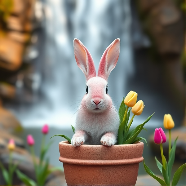 A pink bunny in a Jupiter pot in front of a water fall with a tulip hat in realism
