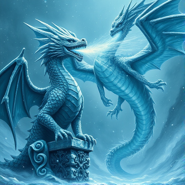 Dark fantasy painting, an intricately carved ice dragon statue stands fiercely, emitting a powerful beam of ice from its open beak, directed towards a majestic, five-headed dragon, Tiamat, soaring amidst the chaos of a raging blizzard storm, with snow and wind swirling around the scene