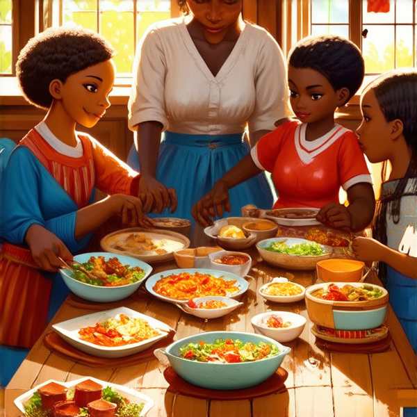 Repas de famille afro-américaine traditionnel, réunis autour d'une grande table avec des plats faits maison typiques