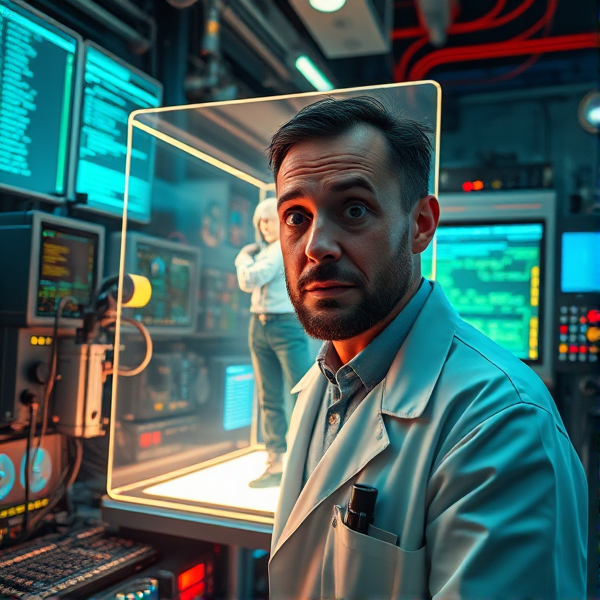A bewildered scientist in a high-tech laboratory, accidentally creating a hyper-realistic deepfake of a historical figure, the figure stepping out of a futuristic holographic display as if coming to life, surrounded by complex machines and glowing screens showing coding sequences and face mapping technology, look of sheer astonishment on the scientist's face, intricate details like reflections on glass surfaces and the translucent hologram texture visible, vibrant lighting from the hologram casting sharp shadows, medium shot from a slightly low angle to capture the grandeur of the moment