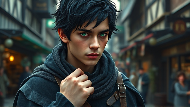 A portrait of a young man personifying the sin of envy, with untamed black hair tinged with streaks of green and sharp, piercing emerald eyes. He dons attire befitting a solitary wanderer, perhaps from a bygone era, featuring a cloak and travel-worn boots. Positioned at the heart of a lively medieval marketplace, he casts covetous glances at the surrounding townsfolk while gripping his worn leather backpack tightly in one hand.