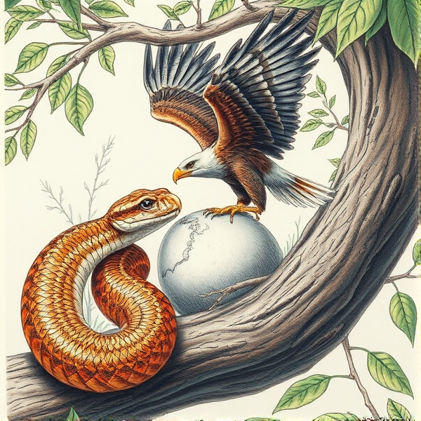 Drawing me a terrific picture comprising of python snake and a cuscus breaking into the eagle's egg into pieces up in the tree and the eagle is seen frightened and flying away without looking back.