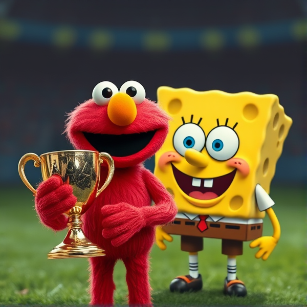 Elmo holding soccer trophy with SpongeBob sad in defeat