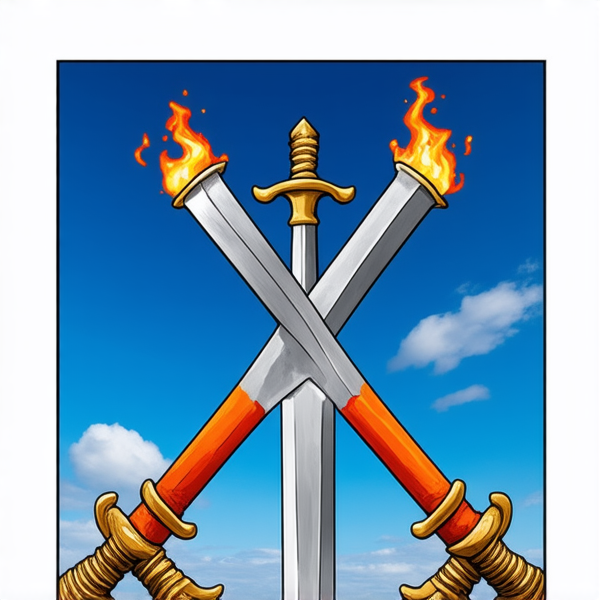 Trois épées croisées en leur centre. L'épée du milieu représentant le feu est placée verticalement. L'épée de gauche représente la terre de manière féminine, elle est placée avec un angle 315 degrés par rapport à l'épée verticale. L'épée de droite représente le vent de manière masculine et est placée 45 degrés de l'épée verticale. Les épées sont de style médiéval européen et ont leur pommeau vers le haut