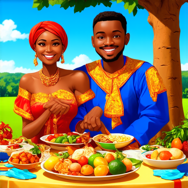 prompt: Un grand repas de famille traditionnel en plein air sous un baobab en Afrique, avec des plats locaux colorés et variés, des fruits exotiques, une grande nappe colorée, des hommes et femmes africains vêtus de tenues traditionnelles multicolores souriants et partageant un moment convivial