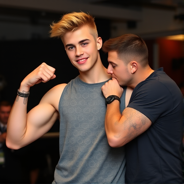 Justin Bieber flexing biceps and a guy kissing his biceps to show respect