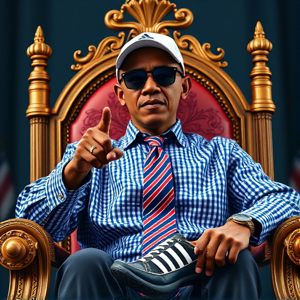 Barack Obama sur un trône, avec une chemise à petits carreaux classique vichy bleue et une cravate rappelant le drapeau américain. Il porte des lunettes rayban de soleil et une casquette Adidas.
Il pointe le doigt et écrase ses victimes et montre ses chaussures adidas
Obama est sur puissant