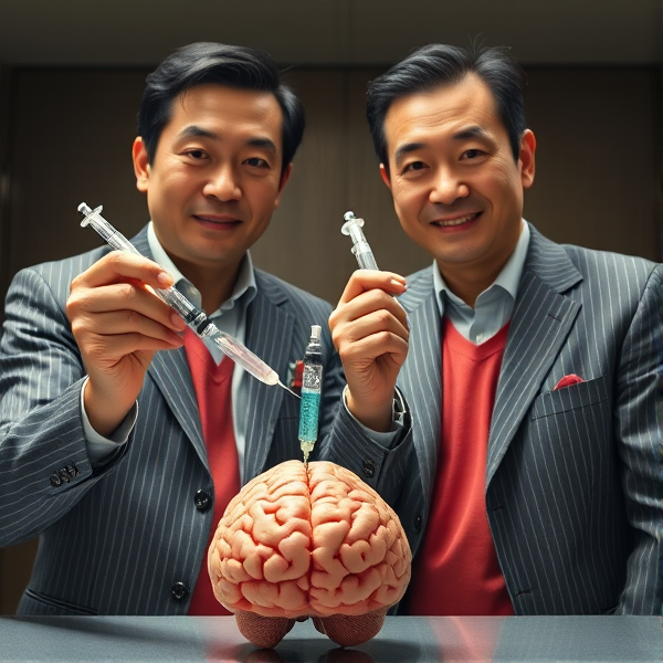 hommes d'affaires japonais d'âge mûr accroupis arborent cravates rayées larges et des chemises roses. Ils fixent l'objectif de la caméra avec une expression sérieuse mais un léger sourire aux lèvres. Dans leurs mains, ils tiennent des seringues médicales, injectant un liquide fluo dans un cerveau humain posé à leurs pieds, en dehors du champ de vision direct. La prise de vue est en contre-plongée, mettant en valeur leur geste intrigant et leur posture imposante.
Accroupis en cravate sans veston