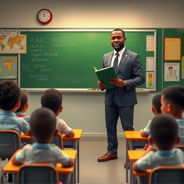 Directeur d'école afro-américain debout tenant un classeur dans ses mains portant un costume formel, dans une salle de classe avec un tableau vert, s'adressant  à un groupe d'élèves afro-américaines attentives de huit ans assises à leurs pupitres. Ils sont entourés de matériel pédagogique adapté à leur âge, comme des cartes géographiques, des affiches éducatives et des dessins d'enfants accrochés aux murs. La scène dégage une atmosphère chaleureuse et encourageante.
