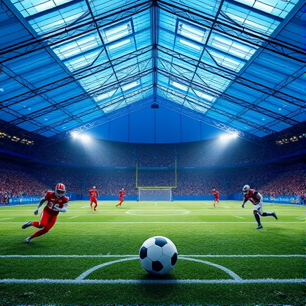A football game inside of a blue tent
