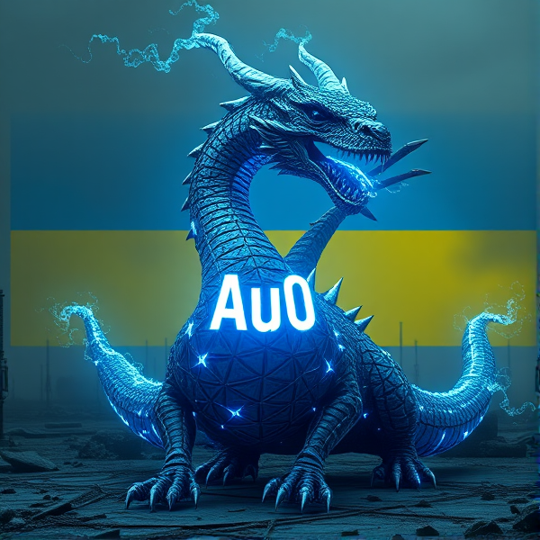 An intricately designed, streamlined dragon bearing the vivid acronym "AUO" on its chest in a radiant, blue electric luminous font that casts an electric glow, emanating waves of intense energy. The dragon's scales are a masterpiece of detailed circuit patterns that shimmer with a lifelike electrical pulse. From its nostrils, ethereal streams of digital smoke curl upwards, timed with the deep, resonant roars that showcase its electrified sharp fangs. As a respectful nod to tribute and unity, incorporate elements of the Ukrainian flag within the composition. This majestic creature resides in a desolate post-apocalyptic landscape that accentuates its powerful presence. In the background is the Ukrainian flag, a rectangle, with the top half blue and the bottom half yellow.