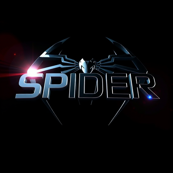 Design a 3D logo with the inscription "SPIDER" that reflects a futuristic and sophisticated style. The logo should be crafted with bold, sans-serif typography that gives the illusion of rising out of a deep black background. Integrate intense light beams reminiscent of the Capcut app icon's brightness to cast dramatic shadows and create stark highlights on the face of the logo. Blend seamlessly advanced curves, acute angles, and flowing lines to convey notions of velocity and elegance. Apply a metallic sheen to the logo for a mirrored effect, amplifying the reflection of light and imparting a sensation of swift motion. Draw inspiration from Pixar's intricate visuals and distinctive geometric shapes, utilizing a lively color scheme and shiny textures to enhance three-dimensionality. Leverage rendering techniques comparable to Unreal Engine for lifelike reflections, Octane Renderer's ray tracing for captivating glossiness, and V-Ray lighting to establish the mood. Craft an overwhelmingly grandiose and science fiction inspired visual display that is deliberately far from subtle or minimalist, designed to leave a striking impression through its audaciousness