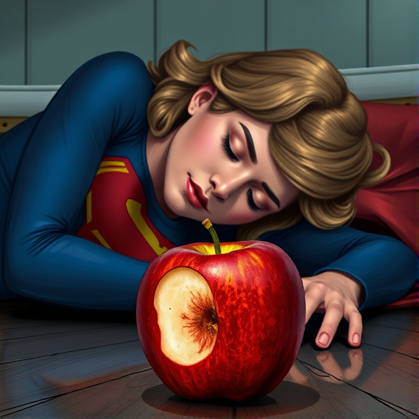 photo of supergirl asleep on the floor, an apple with a bite mark