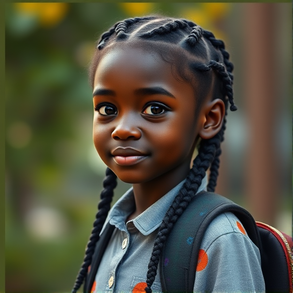 Une écolière noire de huit ans avec des tresses africaines et un cartable