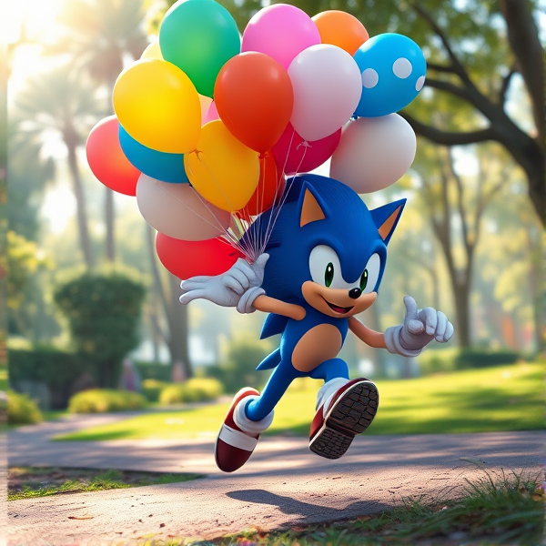 Sonic the Hedgehog in anime style, sprinting joyfully through a vibrant park with sunlight filtering through the trees, clutching a large bouquet of assorted colorful balloons that dance in the air behind him