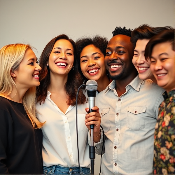 Une femme et un homme chantent ensemble dans une ambiance conviviale, se tenant debout autour d'un microphone. Ils sont entourés d'amis représentant une diversité ethnique: une personne blonde, une brune, un individu d'origine africaine avec une peau noire, une autre au teint brun typiquement oriental, ainsi qu'une personne japonaise et une chinoise, tous souriants et appréciant le moment dans un esprit cosmopolite.
