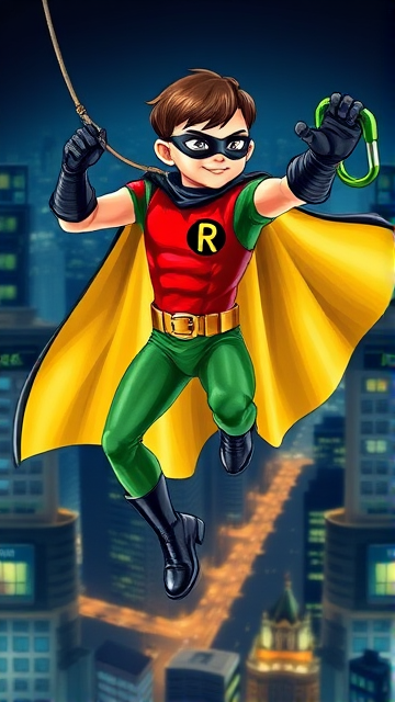 Movie Scene: A medium, preteen 12-year old boy with light skin and dark brown hair named Connor Bardley, but dressed as Robin, The Boy Wonder, with an extremely muscular body, a sleek green suit with a red torso with a black circle with a yellow R symbol on his left pectoral, a gold utility belt, black boots, black long-cuffed gloves, a big, heel-length, ultra-wide cape that's black on the outside and yellow on the inside, and a black eye mask, swinging from the rope of his grappling hook over the city at night, ready to fight crime and save the day.