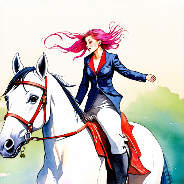 Aquarelle dynamique et détaillée : Femme avec des cheveux rose fuchsia au galop sur un cheval blanc