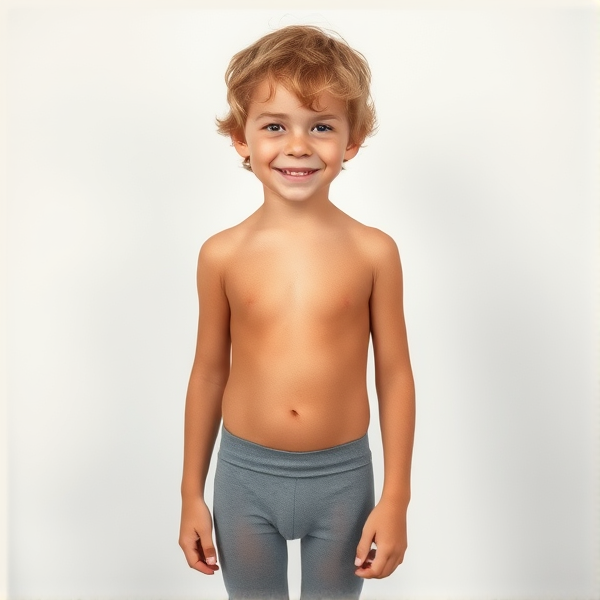 3 10 year old boy with only tights on. Skinny. Dirty blonde. Short hair. Curly hair. Happy. Standing