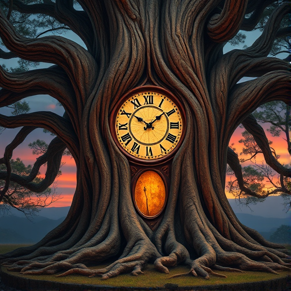 A majestic ancient clock embedded in the trunk of a colossal, gnarled tree, with roots sprawling across a mystical landscape at twilight, symbolizing the eternal passage of time and the power of nature