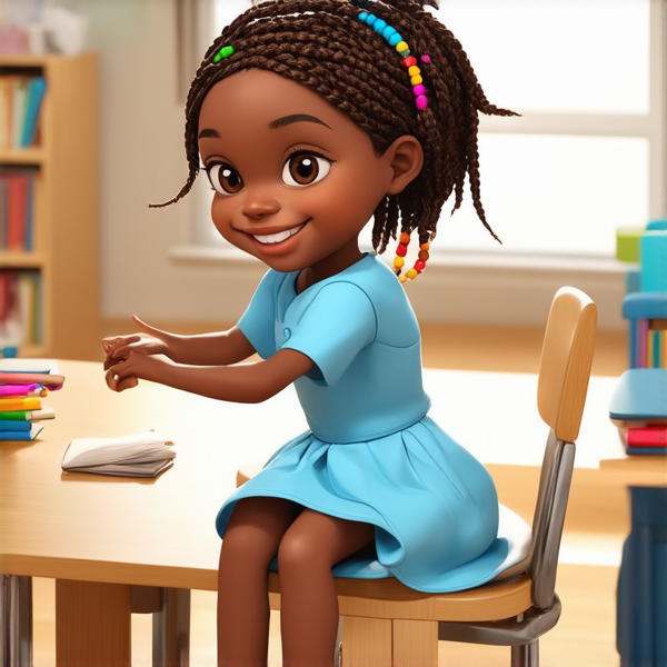 Jeune fille africaine de 8 ans vêtue d'une robe bleu ciel, coiffée de tresses africaines complexes avec des perles colorées, affichant un large sourire éclatant, assise sur une chaise d'écolier face à un bureau en bois clair, dans une salle de classe ensoleillée et bien éclairée, avec des fournitures scolaires et des dessins d'enfants visibles en arrière-plan avec un enseignant