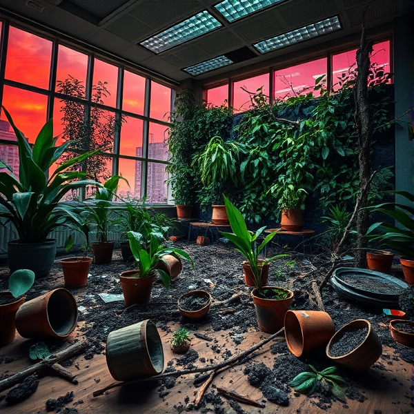 A once vibrant biophilic office interior ravaged by a powerful storm, embodying the wrath of nature; overturned potted plants with shattered pots, soil and leaves strewn across the eco-friendly bamboo flooring. A toppled green wall, its diverse array of plants disheveled and ripped apart, interspersed with broken branches. The room is dimly lit by the angry red and orange glow of a setting sun, filtering through a cracked panoramic window, casting long shadows that enhance the chaos within. The camera angle is low and tilted to capture the upheaval in this scene of eco-design turned furious battleground, encapsulating the emotion of anger through environmental disruption in ultra-realistic style