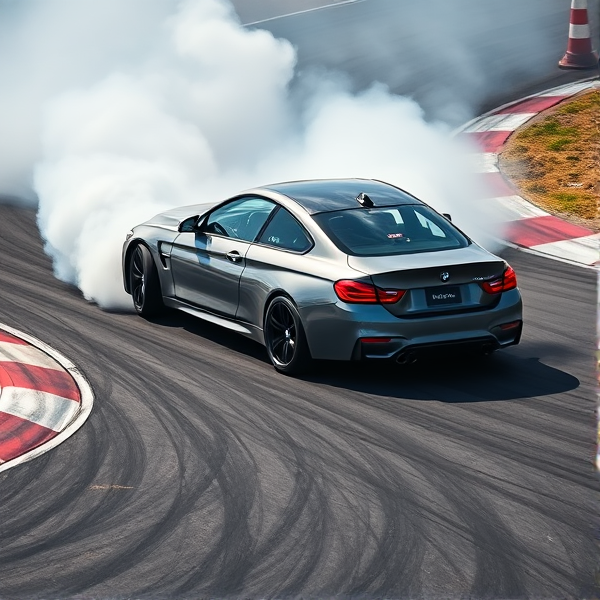 BMW M4 in a dynamic drift on an asphalt track with billowing tire smoke, aggressive stance, high speed action captured, detailed car livery showcasing sponsor logos, racing environment with trackside details like barriers and cones