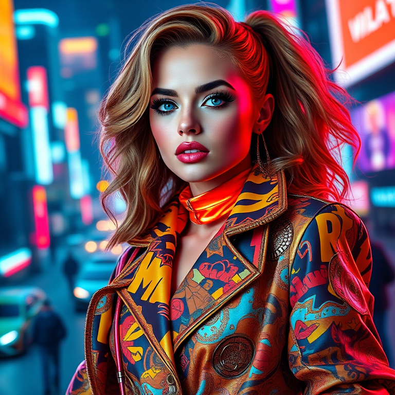 sabrina carpenter in a vibrant, stylish outfit posing with a dynamic backdrop, facial features should be clear and recognizable