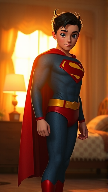1990's Movie Scene: Jon Kent, AKA Superboy, the young little 12-year old super son of Superman, and the first kid to be born as the world's first Half-Kryptonian child, with an extremely muscular body, the iconic costume, the singular curled bang sticking out at the front of his flat and smooth hair, and a long cape, standing in his bedroom, taking a moment to truly admire his newfound appearance and identity as the world's first Half-Kryptonian. The camera is a great distance away, showing the entire body of Superboy in this scene.