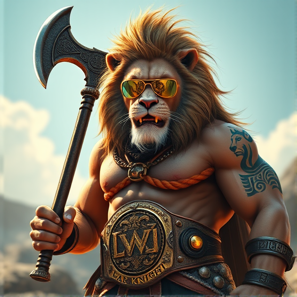 Un Lion barbare dieux du soleil une hache comme Léo escanor, avec des poils de lion et une carrure imposante et avec la ceinture de LA KNIGHT le catcheur et ces lunettes de soleil, il a un tatoo avec marqué LA KNIGHT