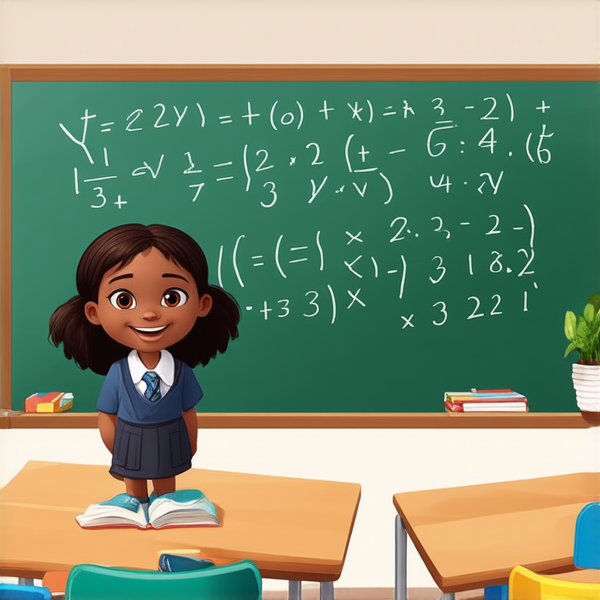 jeune fille noire de 10 ans, vêtue d'un uniforme scolaire, debout souriante et concentrée devant un tableau noir rempli d'équations mathématiques dans une salle de classe ensoleillée et colorée avec des bureaux en bois et des affiches éducatives sur les murs